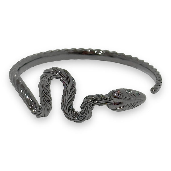 A gold-colored snake-shaped bangle bracelet with an adjustable design.