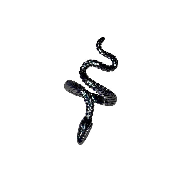 A black snake-shaped ring with a wrap-around design on a white background.