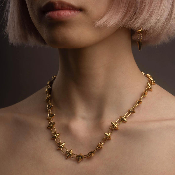 Barbie chain spike necklace with yellow gold necklace by jagged halo jewelry