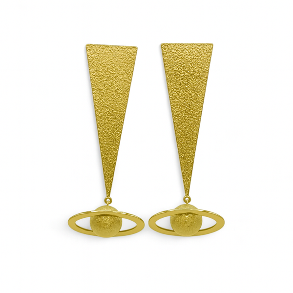 Gold triangle earrings on a white background