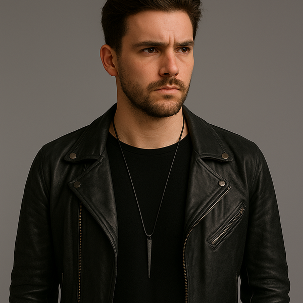 Man wearing a black leather jacket against a gray background The Benson Necklace by Jagged halo Jewelry