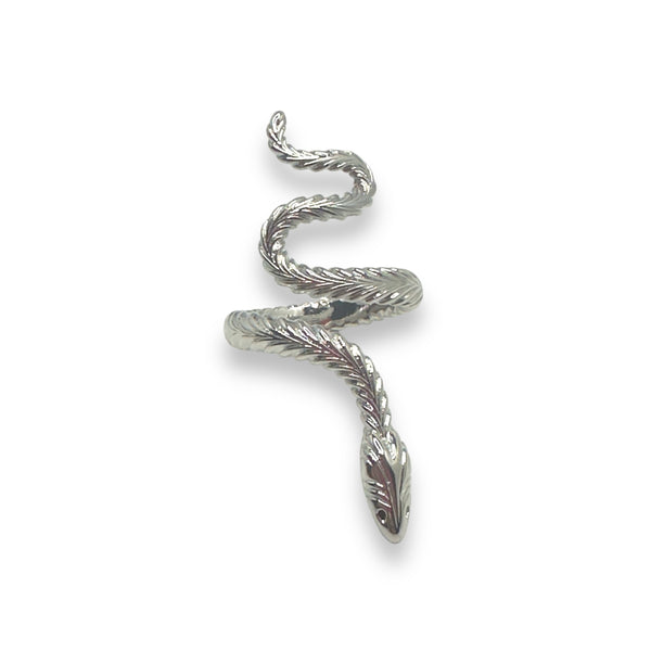 A black snake-shaped ring with a wrap-around design on a white background.