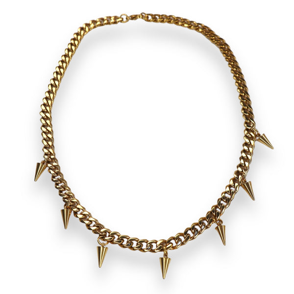 A gold-colored stainless steel curb chain necklace with spikes every few links, featuring a lobster claw clasp.