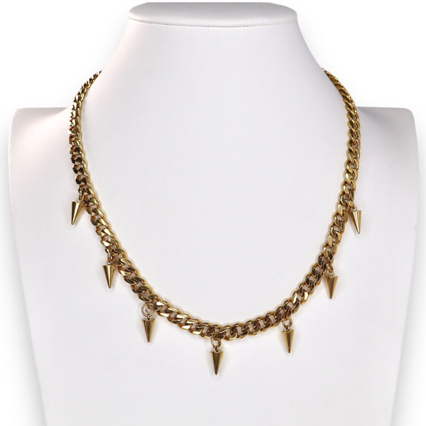 A gold-colored stainless steel curb chain necklace with spikes every few links, featuring a lobster claw clasp.