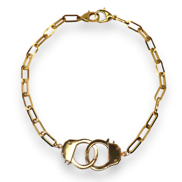 A gold-plated stainless steel chain necklace with two handcuff clasps and dual lobster claws, designed to be adjustable.