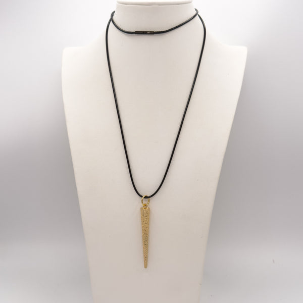 Gold spike pendant on display bust – 32 inch leather cord necklace worn doubled by Jagged Halo Jewelry