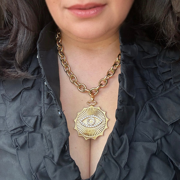 model wearing tatiana chunky chain evil eye pendant necklace