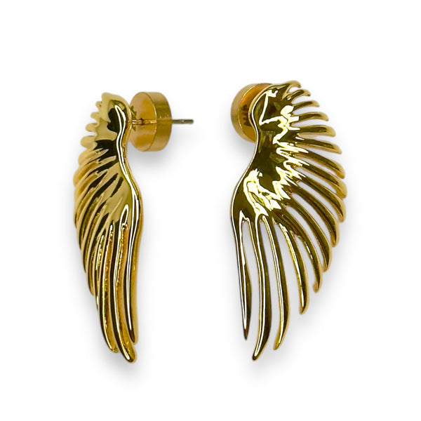 one side view of the phoenix earrings agains white background