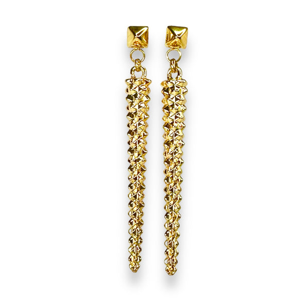Pair of long, gold-tone studded drop earrings with a bold pyramid stud top, perfect for adding edgy elegance to any look.