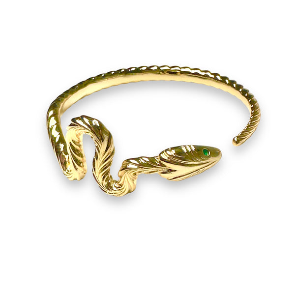 A gold-colored snake-shaped bangle bracelet with an adjustable design.