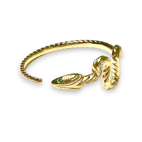A gold-colored snake-shaped bangle bracelet with an adjustable design.