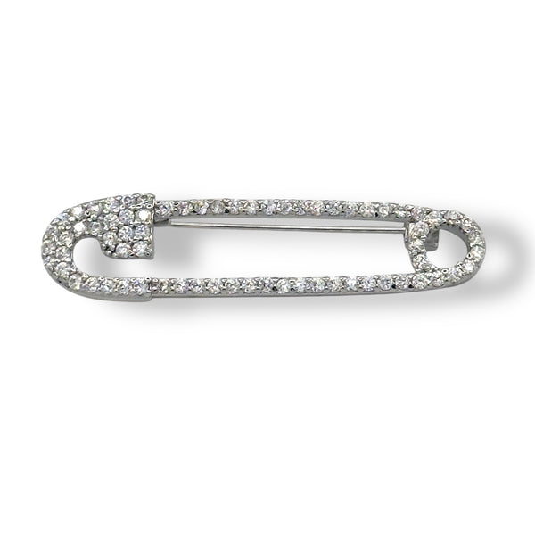 A white gold safety pin brooch with crystal detailing.
