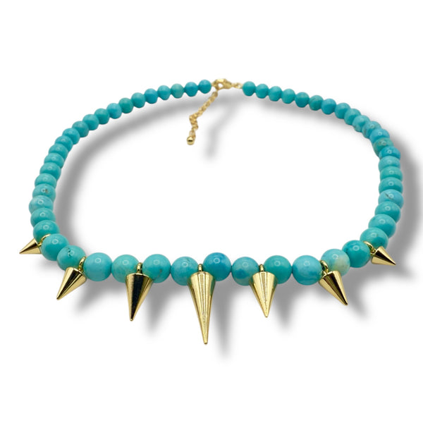 blue turquoise bead necklace with gold spike necklace by jagged halo jewelry