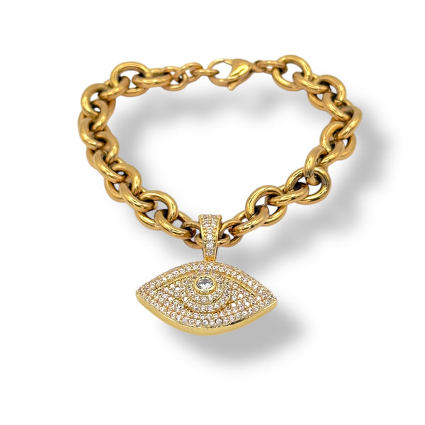 Gold chunky stainless steel evil eye bracelet with crystal pavé pendant, 7.5 inches long, hypoallergenic.