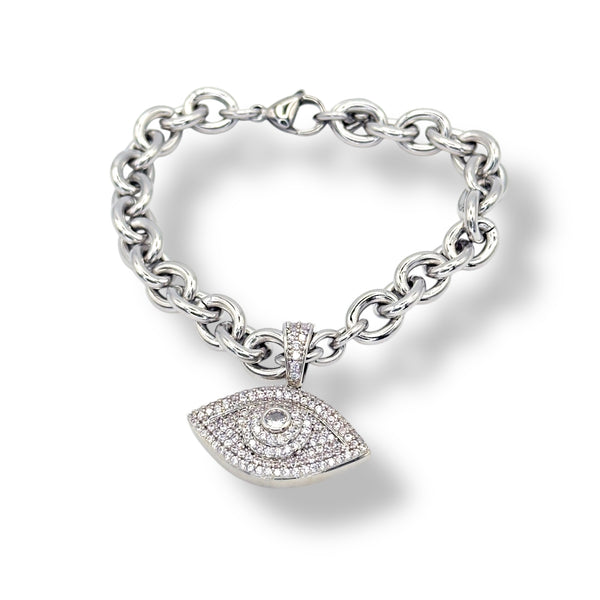 Silver chunky stainless steel evil eye bracelet with crystal pavé pendant, 7.5 inches long, hypoallergenic