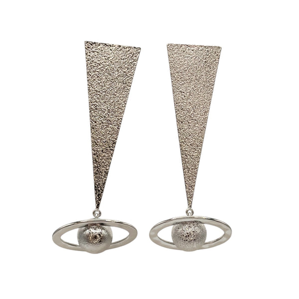 Pair of silver earrings with triangular tops and circular bases on a white background