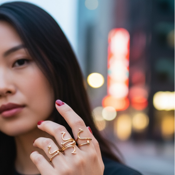 Woman holding a glass with a blurred cityscape background