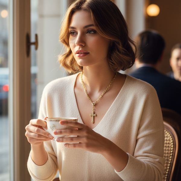 Woman sitting at a cafe table with a cup of coffee and pastries.