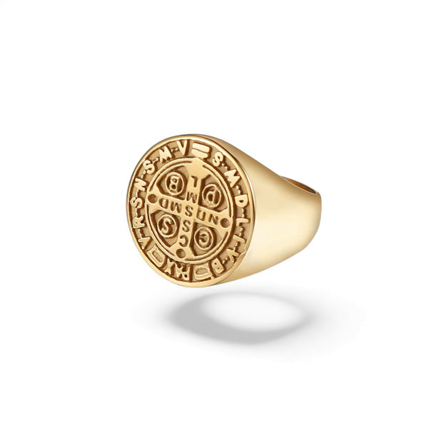 saint benedict ring, benedictine medal ring, catholic jewelry, protection jewelry, spiritual protection ring, gold signet ring, faith jewelry, religious jewelry, stainless steel gold ring, saints collection, meaningful jewelry