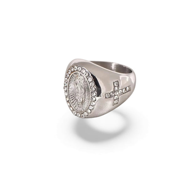 Silver ring with a central emblem and cross design on a white background faith jewelry, catholic jewelry, miraculous medal ring, virgin mary ring, saints collection, religious jewelry, gold stainless steel ring, silver stainless steel ring, cross ring, meaningful jewelry, protective jewelry, women’s faith ring, catholic gift
