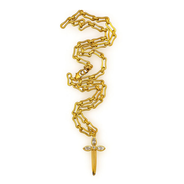 Gold chain necklace with a sword-shaped pendant on a white background