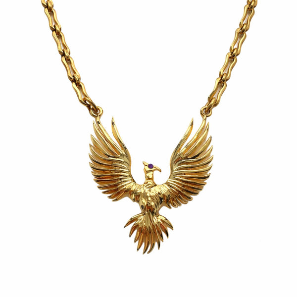 golden phoenix pendant necklace by jagged halo jewelry