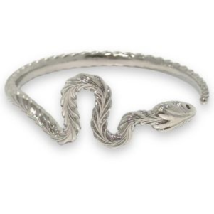 Silver snake-shaped bracelet on a white background