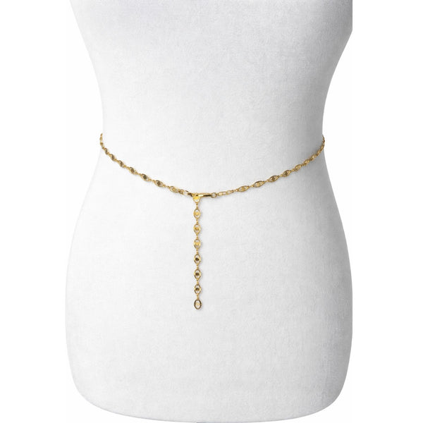 Gold chain belt on a mannequin with a white background