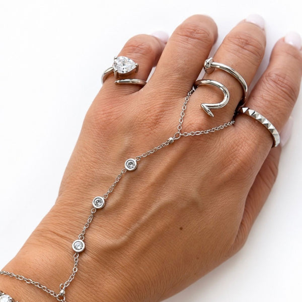 Bombshell pear-shaped CZ adjustable pinky ring by Jagged Halo Jewelry