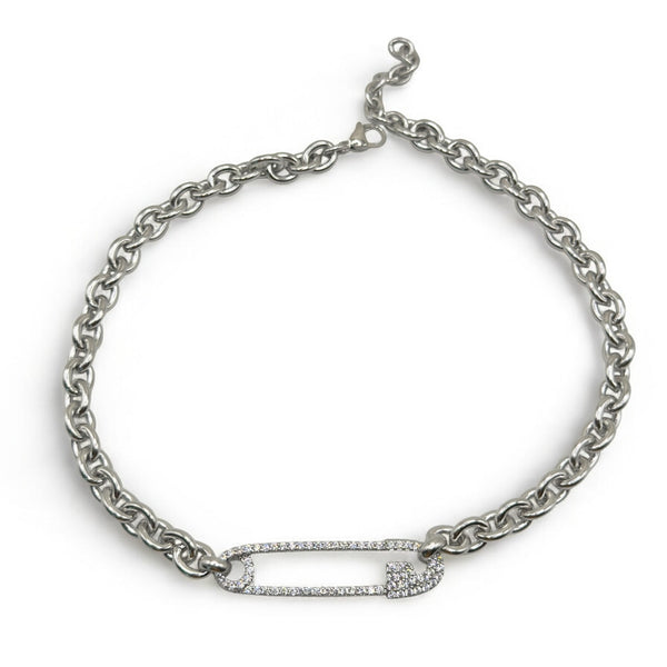 silver safety pin necklace on a white background