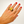 Hand wearing a gold ring with red nail polish on a plain background