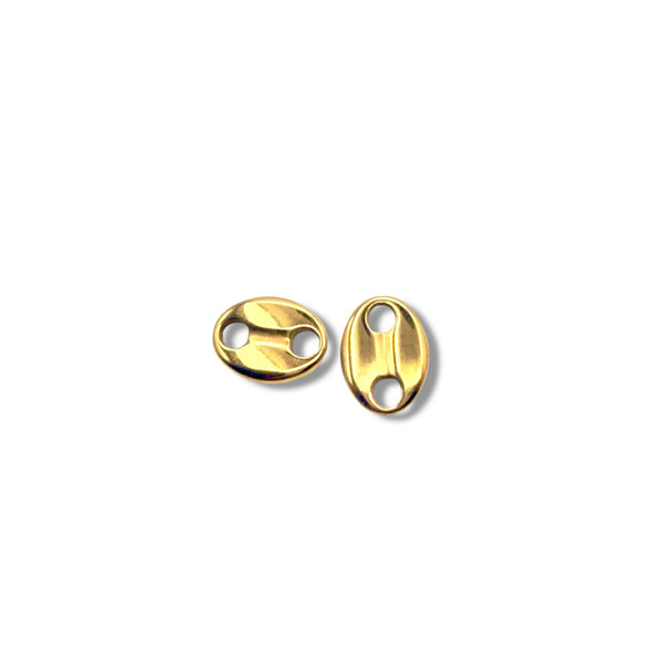 Two gold oval-shaped earrings on a white background