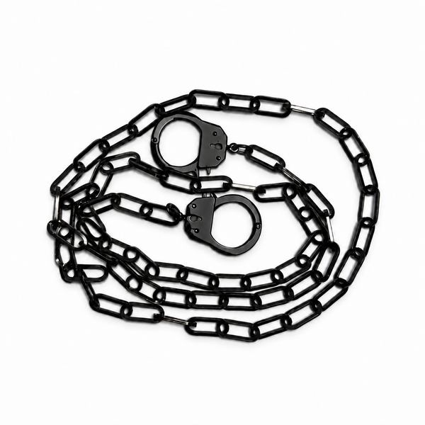 Black metal chain with two matching handcuff-style rings, arranged in a loose coil on a plain white background.