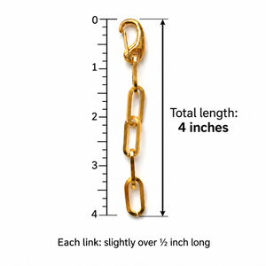 Gold metal chain link accessory universal extender chain with a carabiner-style clasp, shown vertically on a white background with measurement markings and text indicating a total length of 4 inches and each link being slightly over 1/2 inch long.