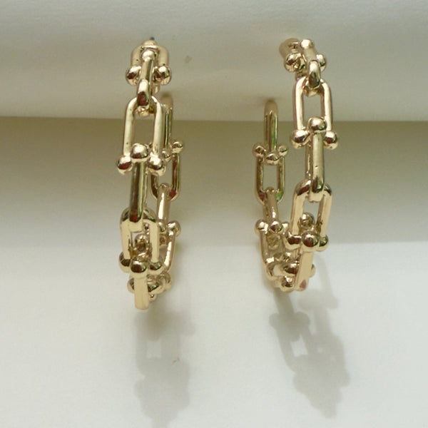 Gold chain-style earrings on a white background