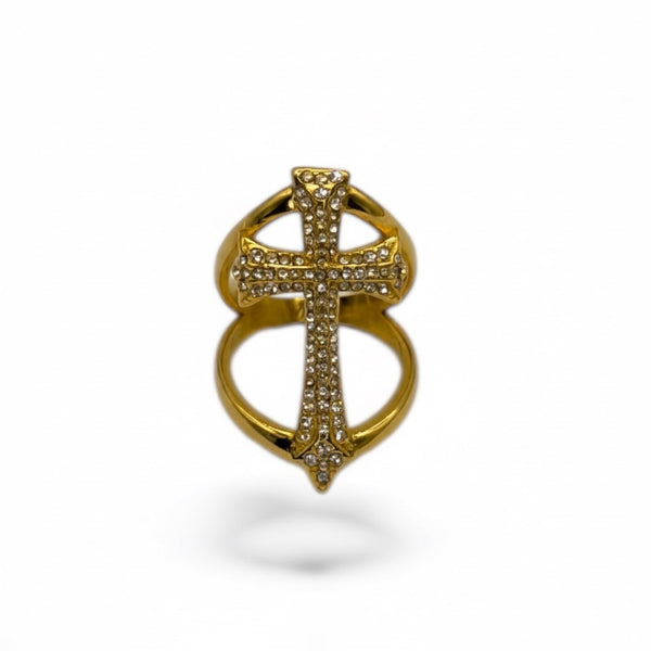 Gold ring with a cross design on a white background by jagged halo jewelry