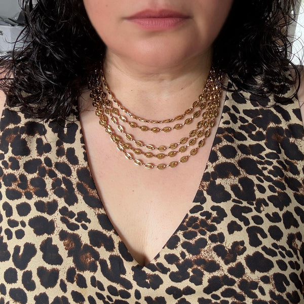 leopard print v-neck tank top 5 strand mariner link necklace 