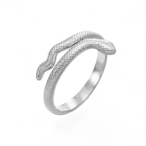 Silver snake-shaped ring on a white background