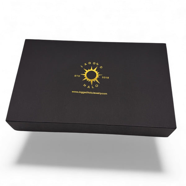 Black jewelry box with yellow logo and text on a white background