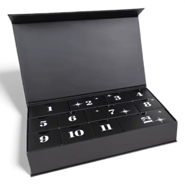 Jagged Halo Jewelry Black advent calendar with numbered compartments on a white background