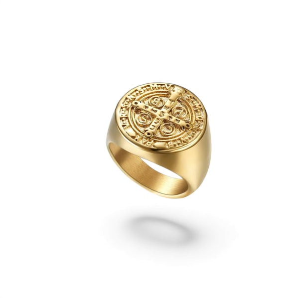 saint benedict ring, benedictine medal ring, catholic jewelry, protection jewelry, spiritual protection ring, gold signet ring, faith jewelry, religious jewelry, stainless steel gold ring, saints collection, meaningful jewelry