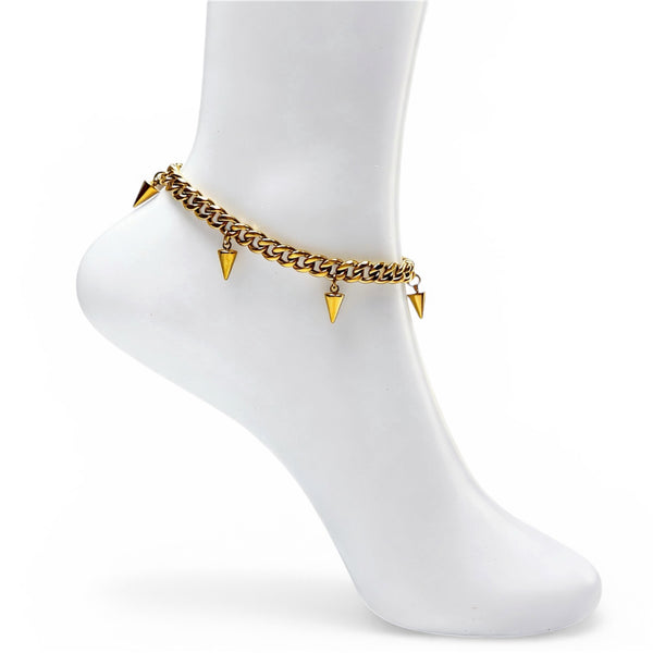 Gold chain anklet with spike decorations on a white background