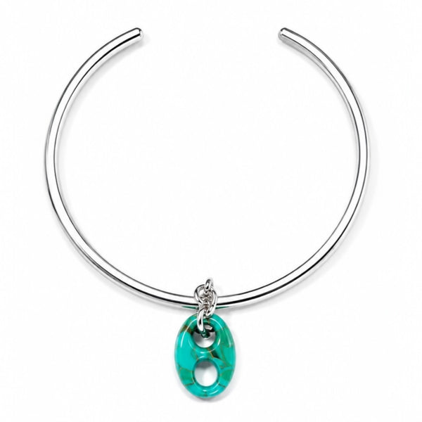 Silver necklace with a turquoise pendant on a white background