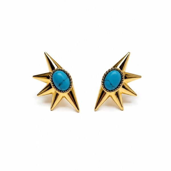 Gold star-shaped earrings with turquoise stones on a white background