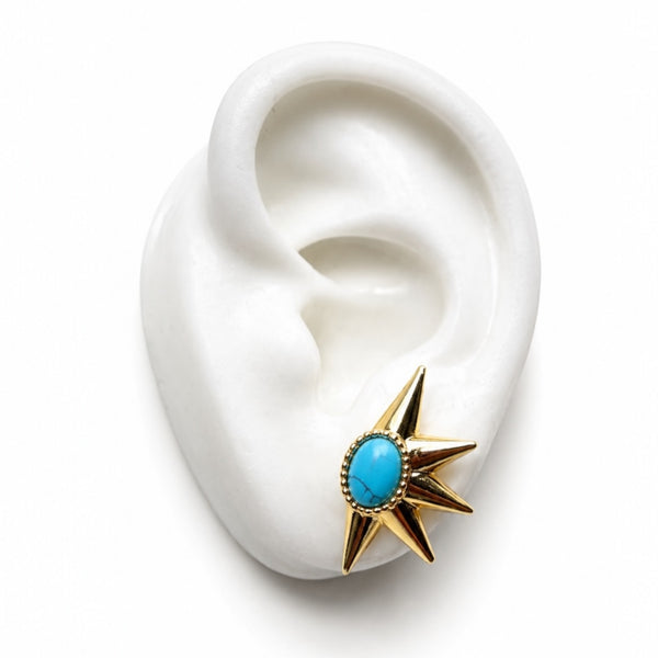 Gold and turquoise earring on a white ear model