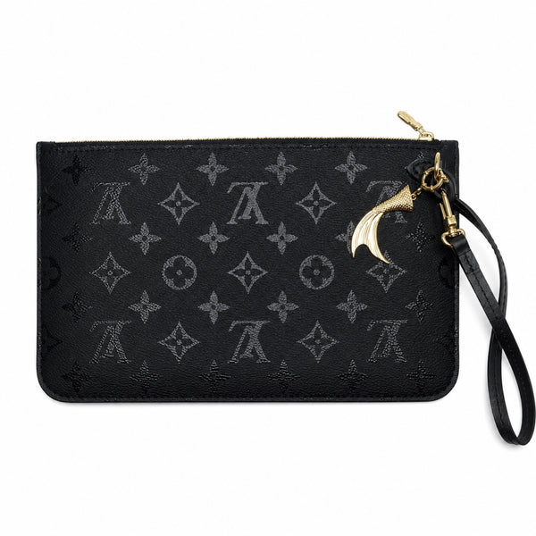 Black wallet with gold clasp and strap on a white background