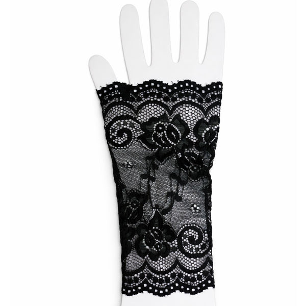 Black lace glove with floral designs on a white background