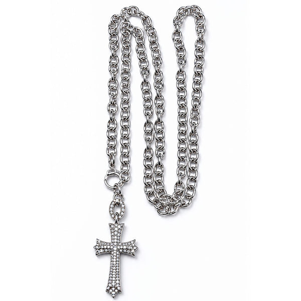 Silver chain necklace with a cross pendant on a white background