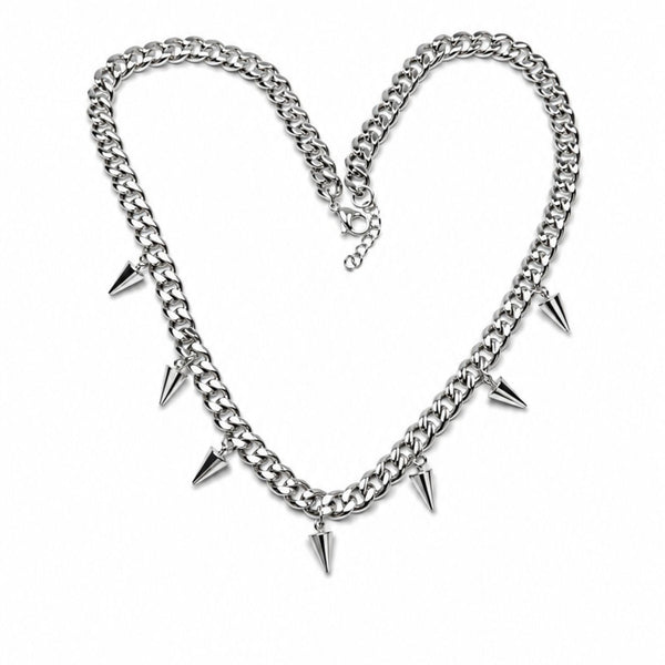 Silver chain necklace with spike decorations on a white background