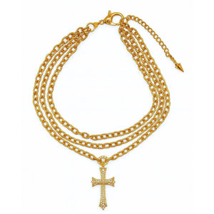 gold chain necklace with a cross pendant on a white background triple chain cross pendant necklace by jagged halo jewelry